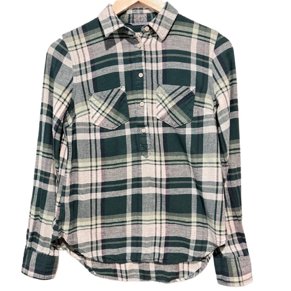 Merona Women XS Green White Plaid Long Sleeve 3/4 Button Up Shirt